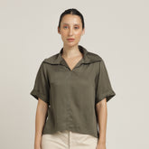 Betsy V-Neck Extended Collar Top - Olive Green